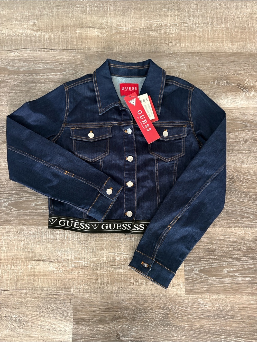 GUESS Dark Blue Denim Crop Jacket with Branded Waistband